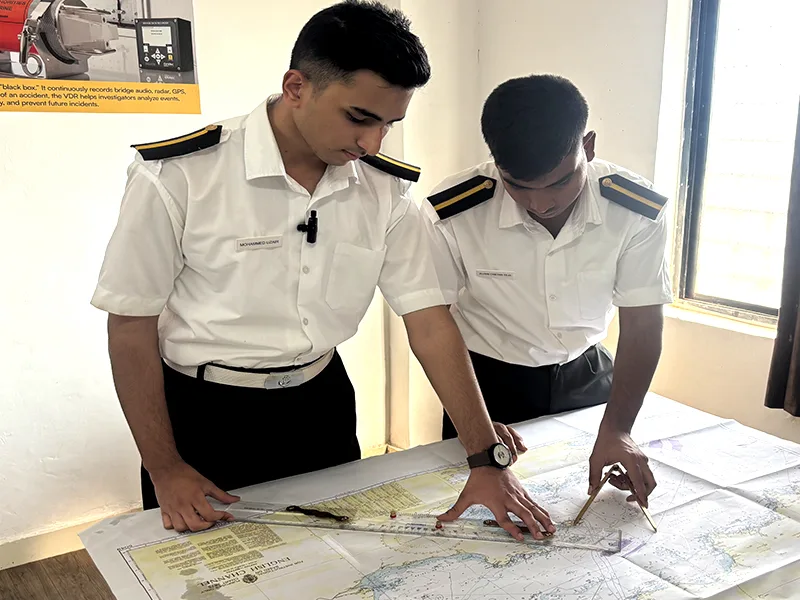 Students performing some navigation drawing activity during UK MCA Approved Advanced Diploma in Nautical Science (ADNS) Course