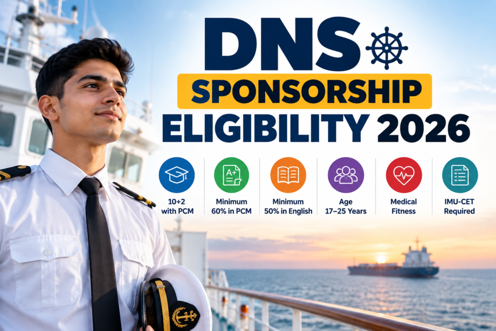 DNS Sponsorship Eligibility 2026 requirements including PCM marks, English, age, medical fitness and IMU-CET